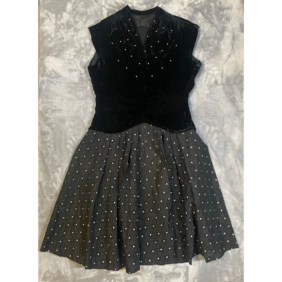 Vtg 1950s velvet taffeta cocktail dress L/XL silver atomic print rhinestone VLV - Picture 2 of 11